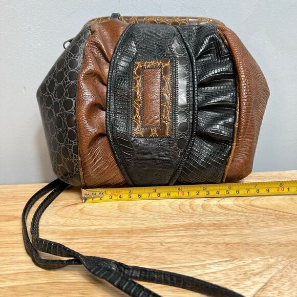 Vintage Crossbody Purse, Patchwork Embossed Genuine Leather, Brown & Black Bag - Picture 12 of 13